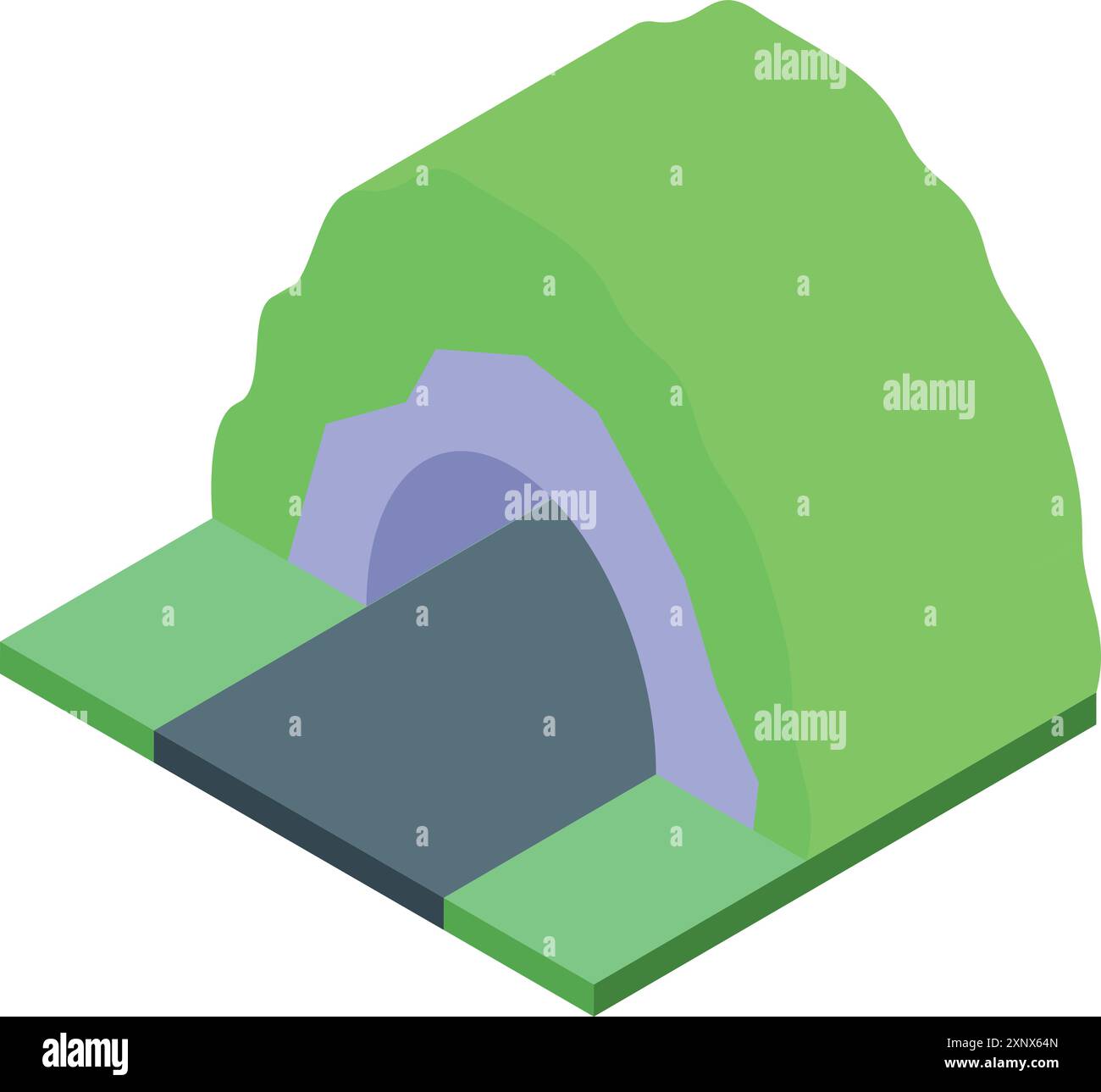 Icona isometrica che rappresenta una strada che passa attraverso un tunnel in una montagna ricoperta di erba verde Illustrazione Vettoriale