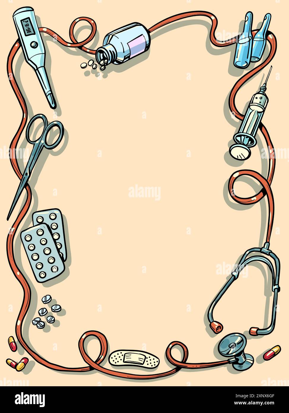 Strumenti e metodi di trattamento in medicina. Cornice delle illustrazioni relative al trattamento del paziente. Offerta speciale per farmacie pubblicitarie e medici Illustrazione Vettoriale