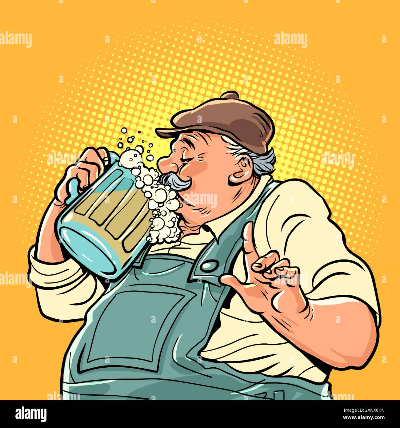 Un uomo soddisfatto beve una tazza di birra schiumosa. Logo per bar, ristorante o taverna. Offerte interessanti per gli amanti dell'alcol. Fumetti cartoon pop art retro V Illustrazione Vettoriale