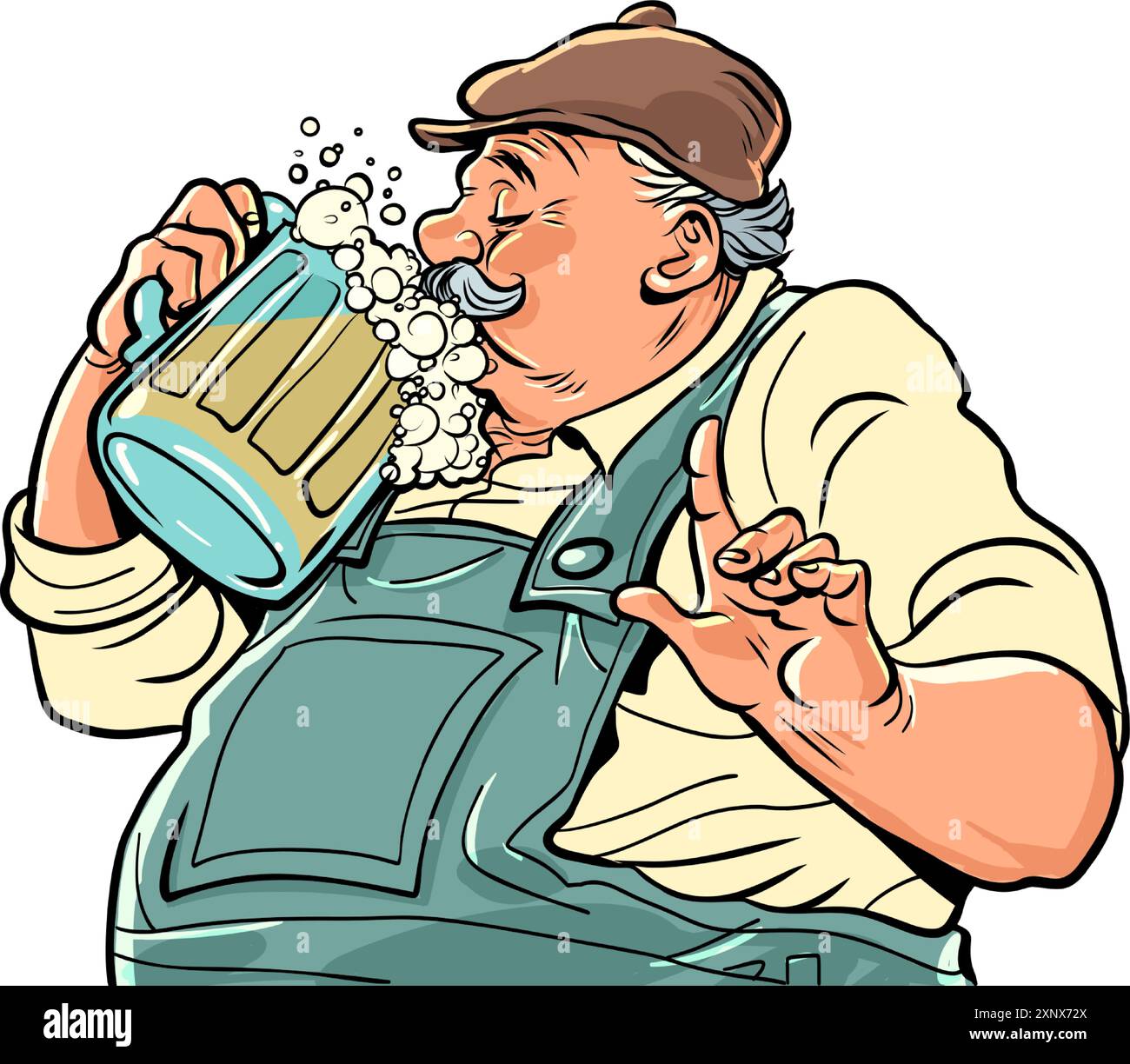 Un uomo soddisfatto beve una tazza di birra schiumosa. Logo per bar, ristorante o taverna. Offerte interessanti per gli amanti dell'alcol. Fumetti cartoon pop art retro V Illustrazione Vettoriale