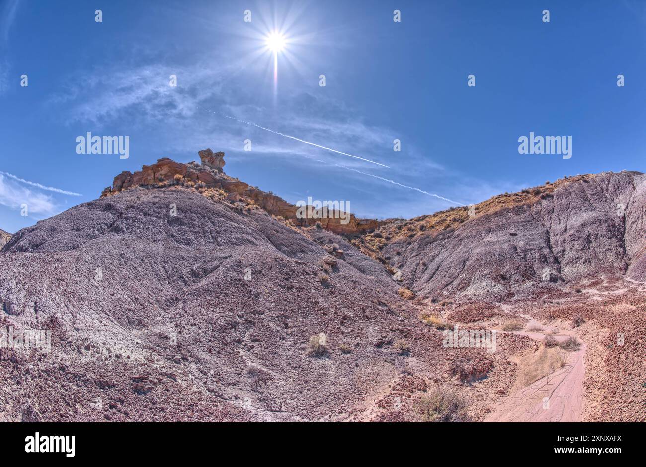 Guarda da sotto un crinale che si affaccia sul Jim Camp Wash all'estremità sud del Petrified Forest National Park, Arizona, Stati Uniti d'America, nord Foto Stock