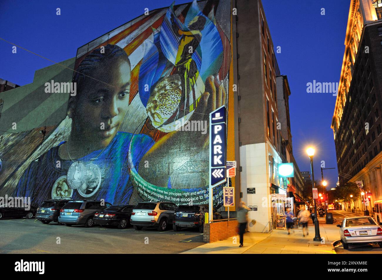 Legacy, murale di Josh Sarantitis, sponsorizzato dalla Lincoln Financial Foundation, Mural Arts Program, 707 Chesnut Street, Philadelphia, Commonwealth of Pen Foto Stock