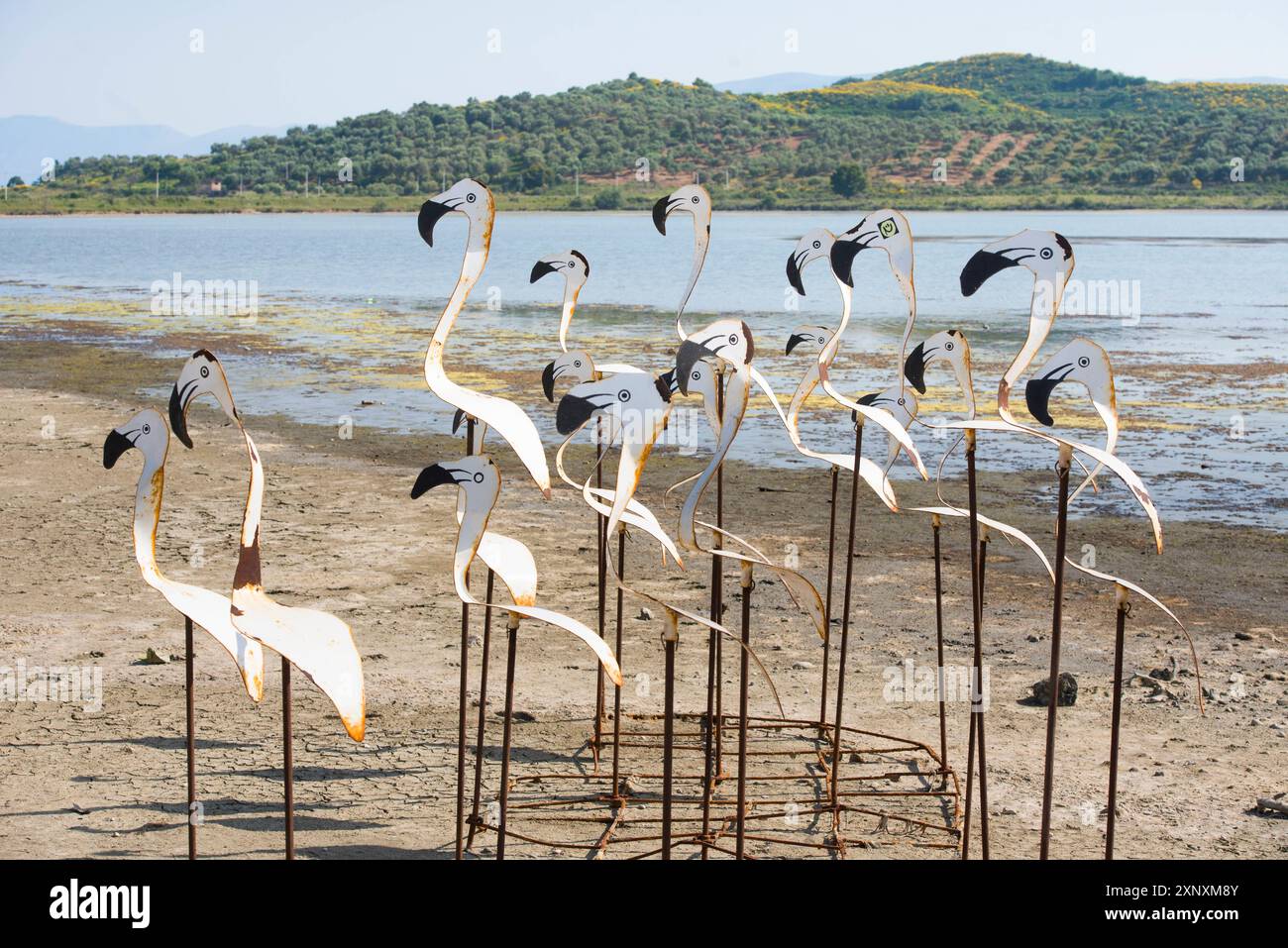 Fenicotteri artificiali disposti vicino al ponte di legno che collega al monastero bizantino di Zvernec sull'isola di Zvernec all'interno della laguna di Narta, sulla A. Foto Stock