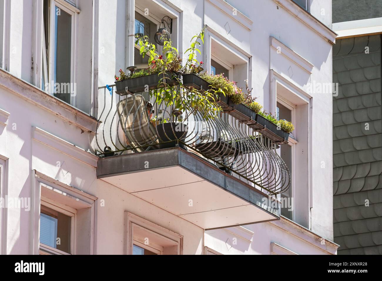 Piccolo balcone piantato con reticolo decorativo in ghisa su uno storico edificio residenziale della città, punto selezionato Foto Stock