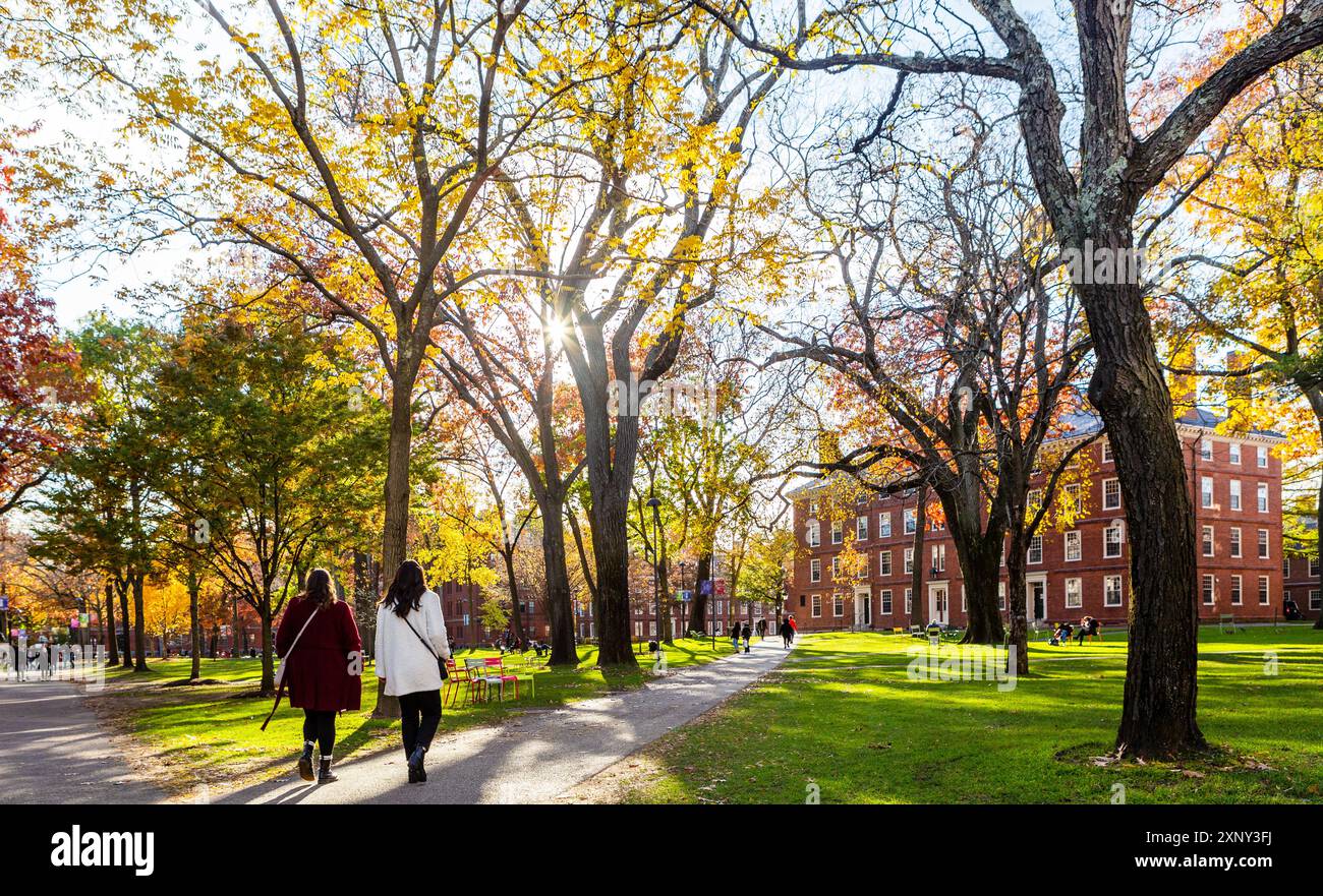 Cambridge, Massachusetts, Stati Uniti - 20 novembre 2021: Gli studenti camminano ad Harvard Yard in un pomeriggio d'autunno soleggiato. Edifici del dormitorio degli studenti nella ba Foto Stock