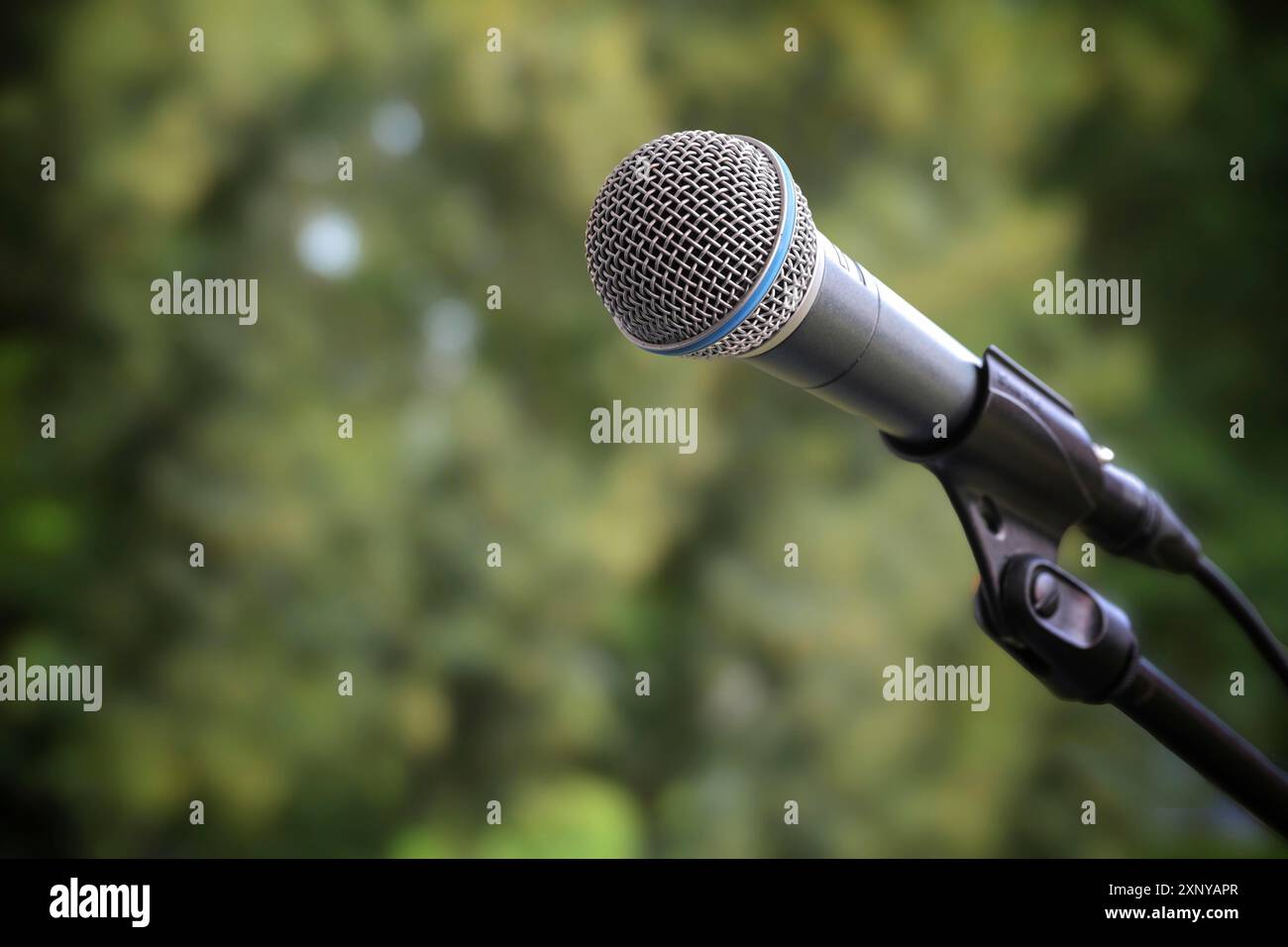 Microfono su uno stand in occasione di un evento all'aria aperta su sfondo verde, simbolo di festival, intrattenimento, musica o festa, spazio fotocopie Foto Stock
