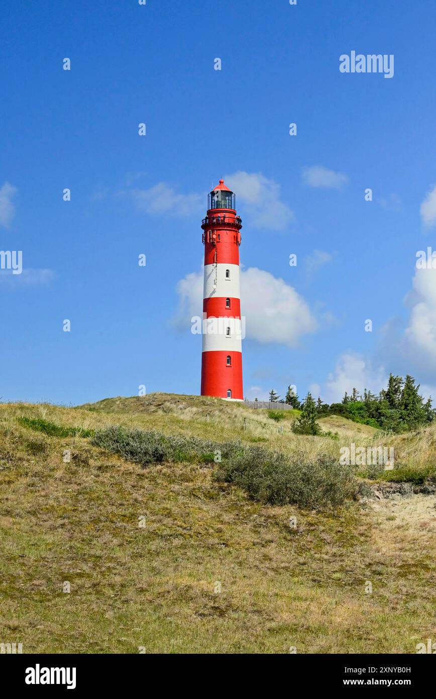 Faro di Amrum sulla grande duna, Wittduen, Amrum, Frisia settentrionale, Frisia settentrionale, Schleswig-Holstein, Germania Foto Stock