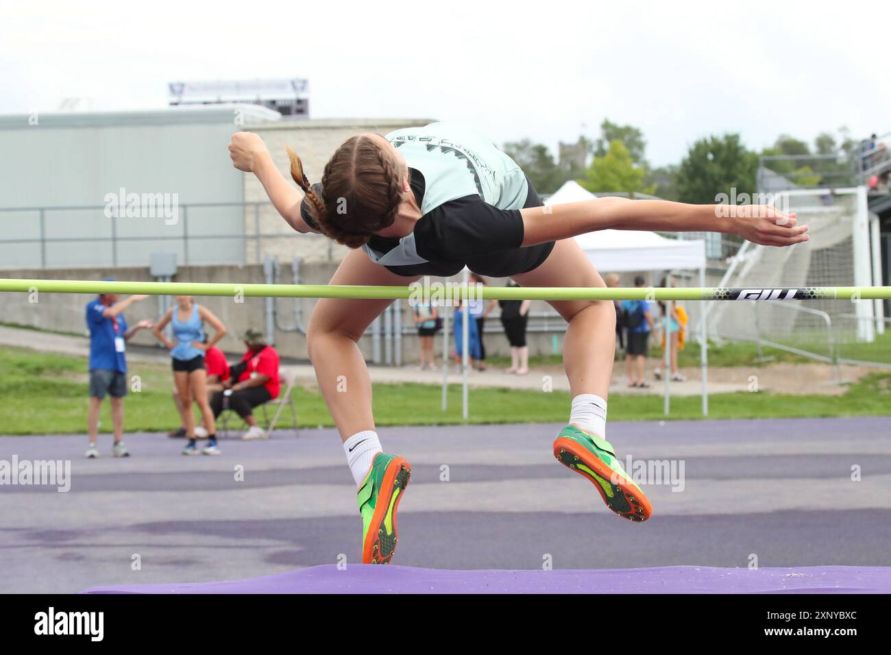 Londra, Canada. 2 agosto 2024. La Western University ospita eventi di atletica leggera alle partite estive dell'Ontario 2024. Frances Vollett vince l'evento High Jump saltando 1,61 m. Crediti: Luke Durda/Alamy Live News Foto Stock