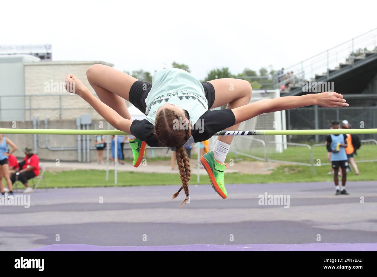 Londra, Canada. 2 agosto 2024. La Western University ospita eventi di atletica leggera alle partite estive dell'Ontario 2024. Frances Vollett vince l'evento High Jump saltando 1,61 m. Crediti: Luke Durda/Alamy Live News Foto Stock