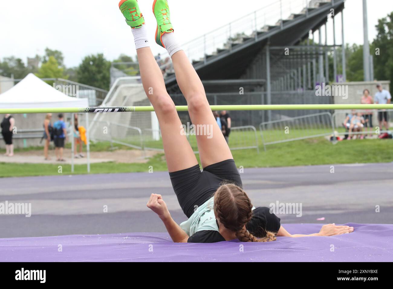 Londra, Canada. 2 agosto 2024. La Western University ospita eventi di atletica leggera alle partite estive dell'Ontario 2024. Frances Vollett vince l'evento High Jump saltando 1,61 m. Crediti: Luke Durda/Alamy Live News Foto Stock
