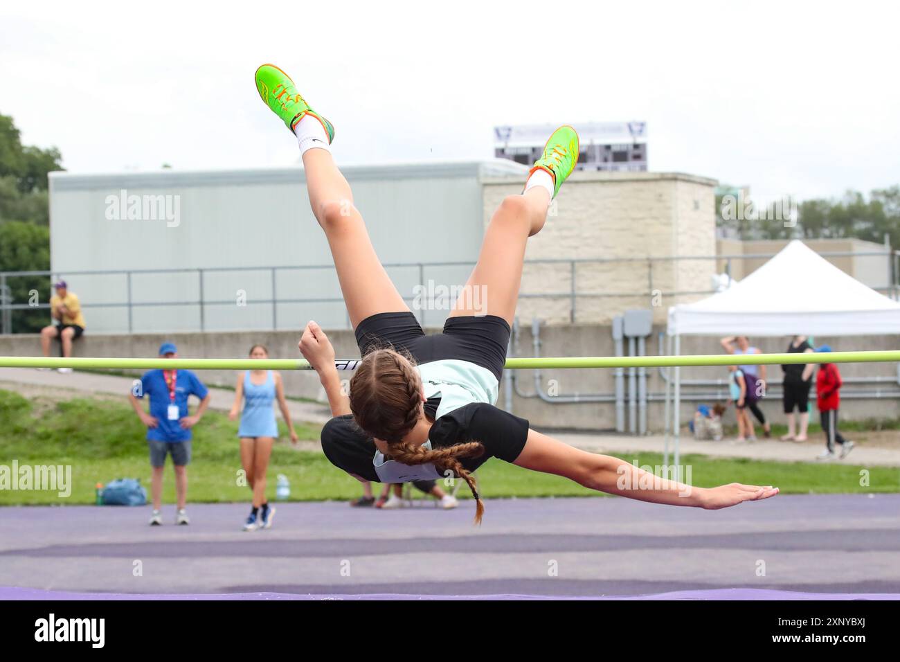 Londra, Canada. 2 agosto 2024. La Western University ospita eventi di atletica leggera alle partite estive dell'Ontario 2024. Frances Vollett vince l'evento High Jump saltando 1,61 m. Crediti: Luke Durda/Alamy Live News Foto Stock