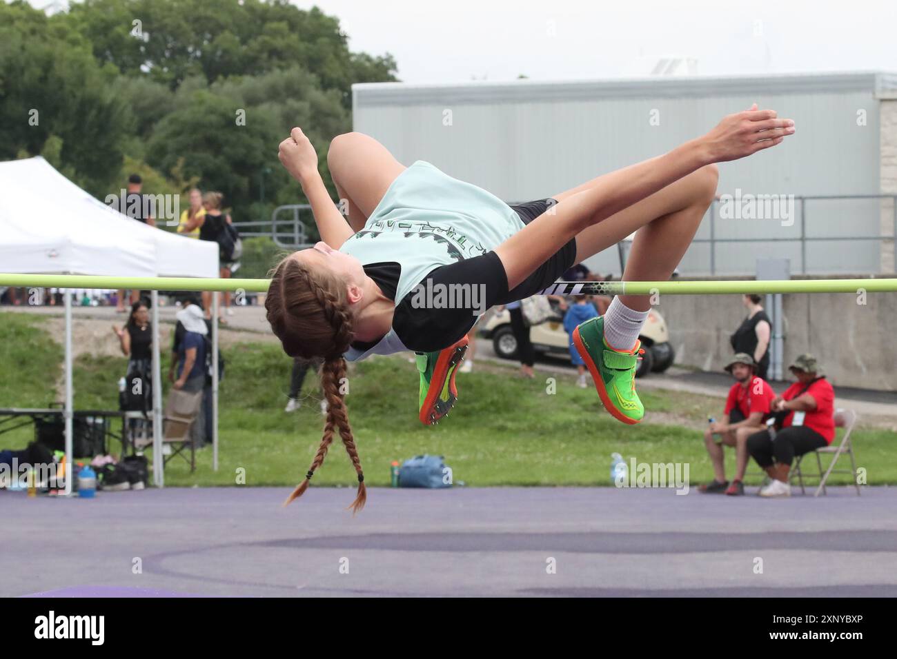 Londra, Canada. 2 agosto 2024. La Western University ospita eventi di atletica leggera alle partite estive dell'Ontario 2024. Frances Vollett vince l'evento High Jump saltando 1,61 m. Crediti: Luke Durda/Alamy Live News Foto Stock
