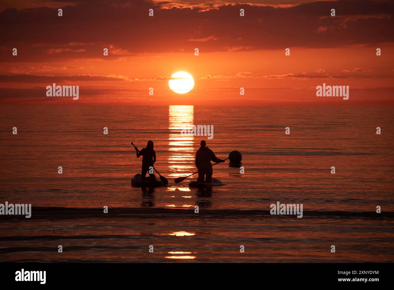 Due persone pagaiano nel mare calmo al tramonto a pagaiare in piedi, sagoma contro un orizzonte luminoso e nuvole, penisola del Mar Baltico Foto Stock