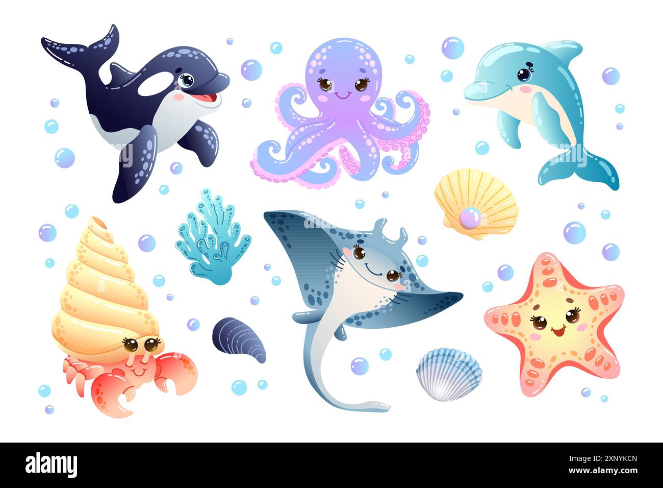 Adorabili creature marine con graziose balene, aragoste eremite, polpi, delfini, pastinache e stelle marine Illustrazione Vettoriale