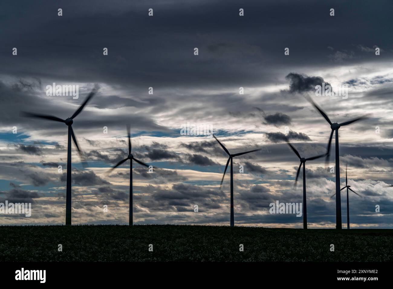 Parco eolico vicino a Holzweiler, città di Erkelenz, tempesta, vento forte, turbine eoliche, Renania settentrionale-Vestfalia, Germania Foto Stock