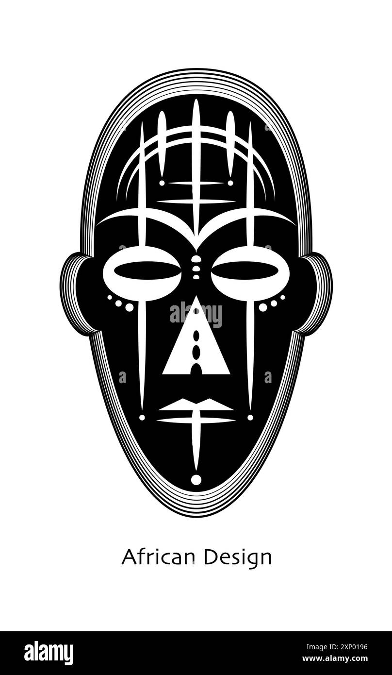 Maschera africana rituale tribale etnico immagine vettoriale piatta. Maschere rituali primitive di selvaggi. Incisione vintage con design artistico. Aztechi afro Maya indiani Illustrazione Vettoriale
