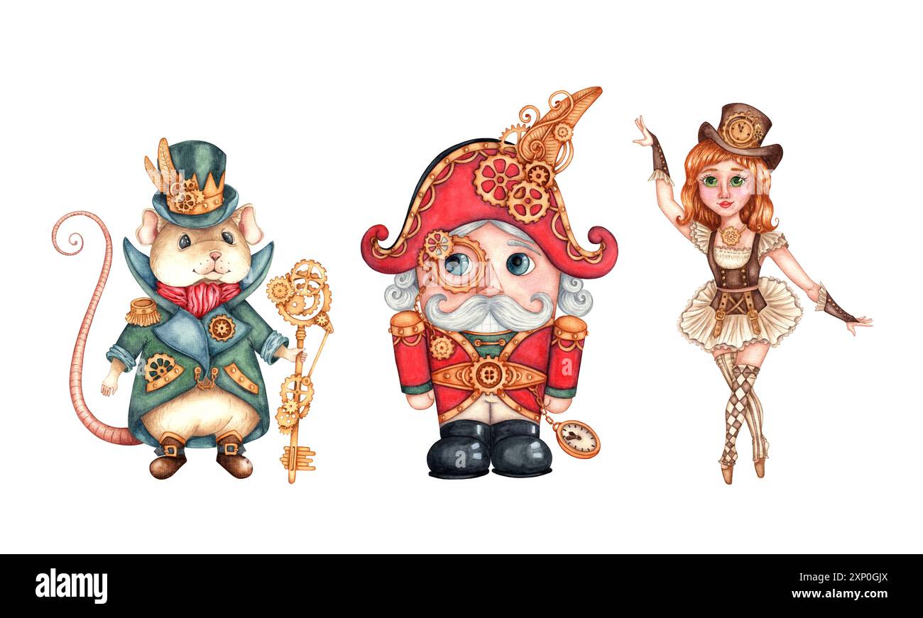 Schiaccianoci, topo king, ballerina in stile Steam punk con illustrazione ad acquerello. Topo, soldato e principessa isolati dallo sfondo. Compositio Foto Stock
