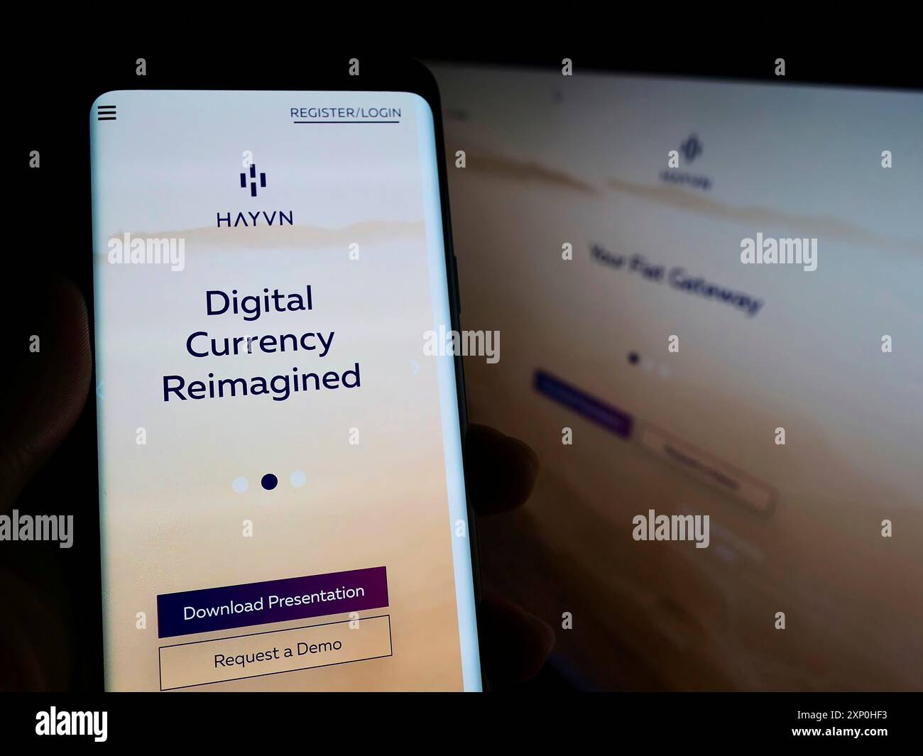 Stoccarda, Germania, 02-11-2022: Persona che possiede uno smartphone con sito web e logo della società di servizi finanziari HAYVN Global sullo schermo di fronte Foto Stock