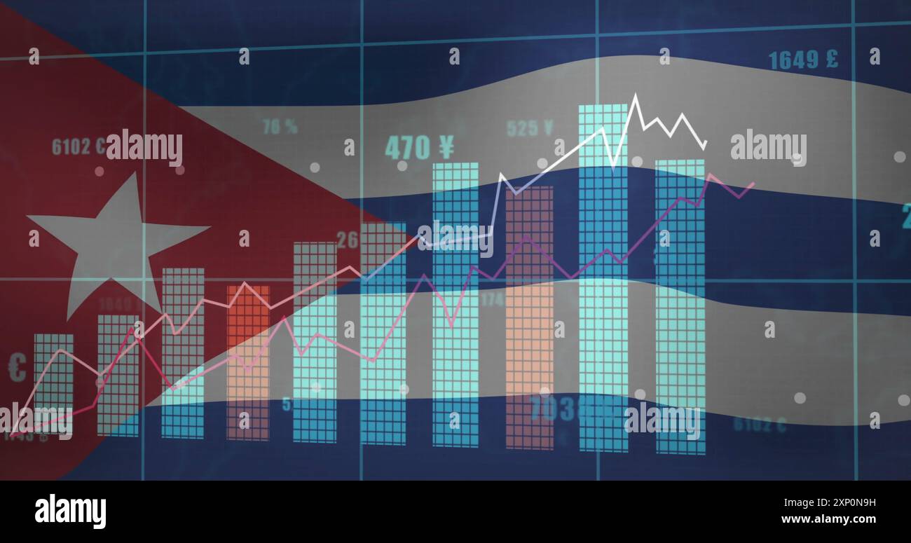 Grafici di dati finanziari e immagini grafiche sullo sfondo della bandiera cubana Foto Stock
