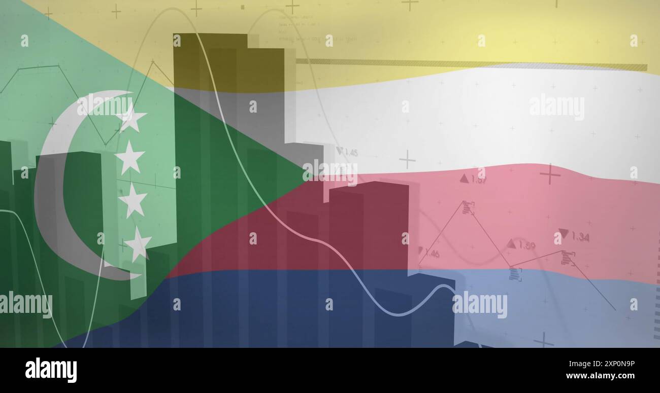 Dati finanziari e immagine del grafico sullo sfondo del flag Comore Foto Stock