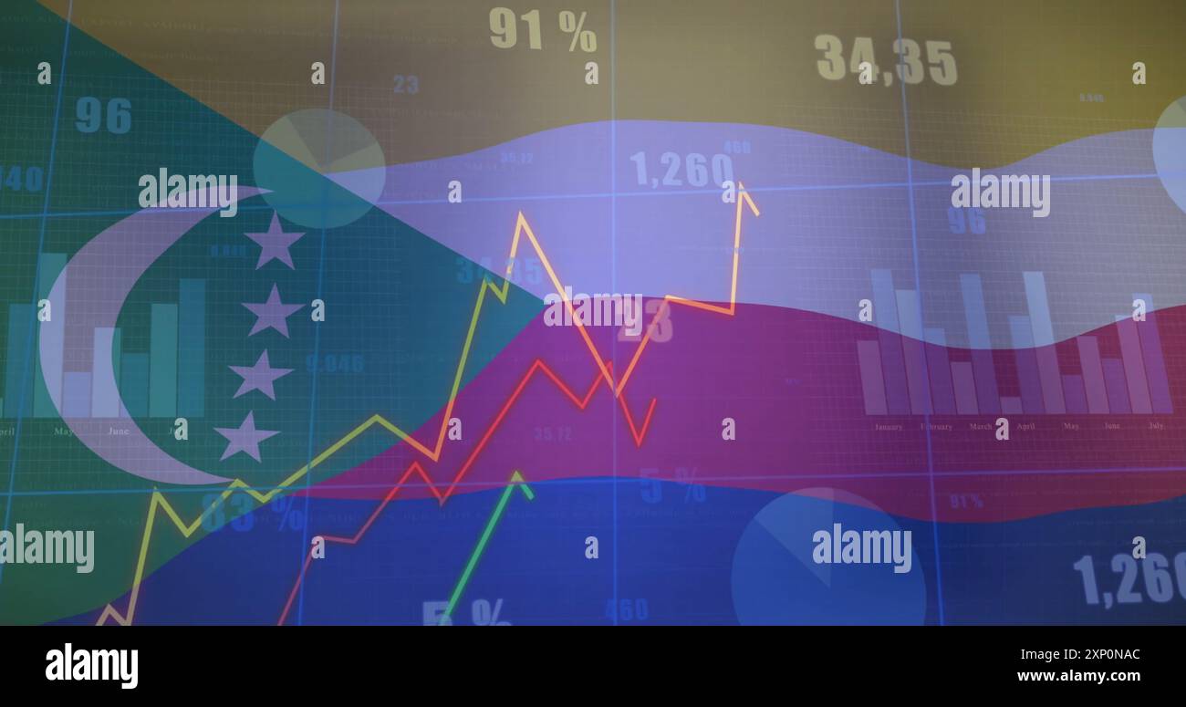 Grafici di dati finanziari e immagini grafiche sullo sfondo del flag delle comore Foto Stock