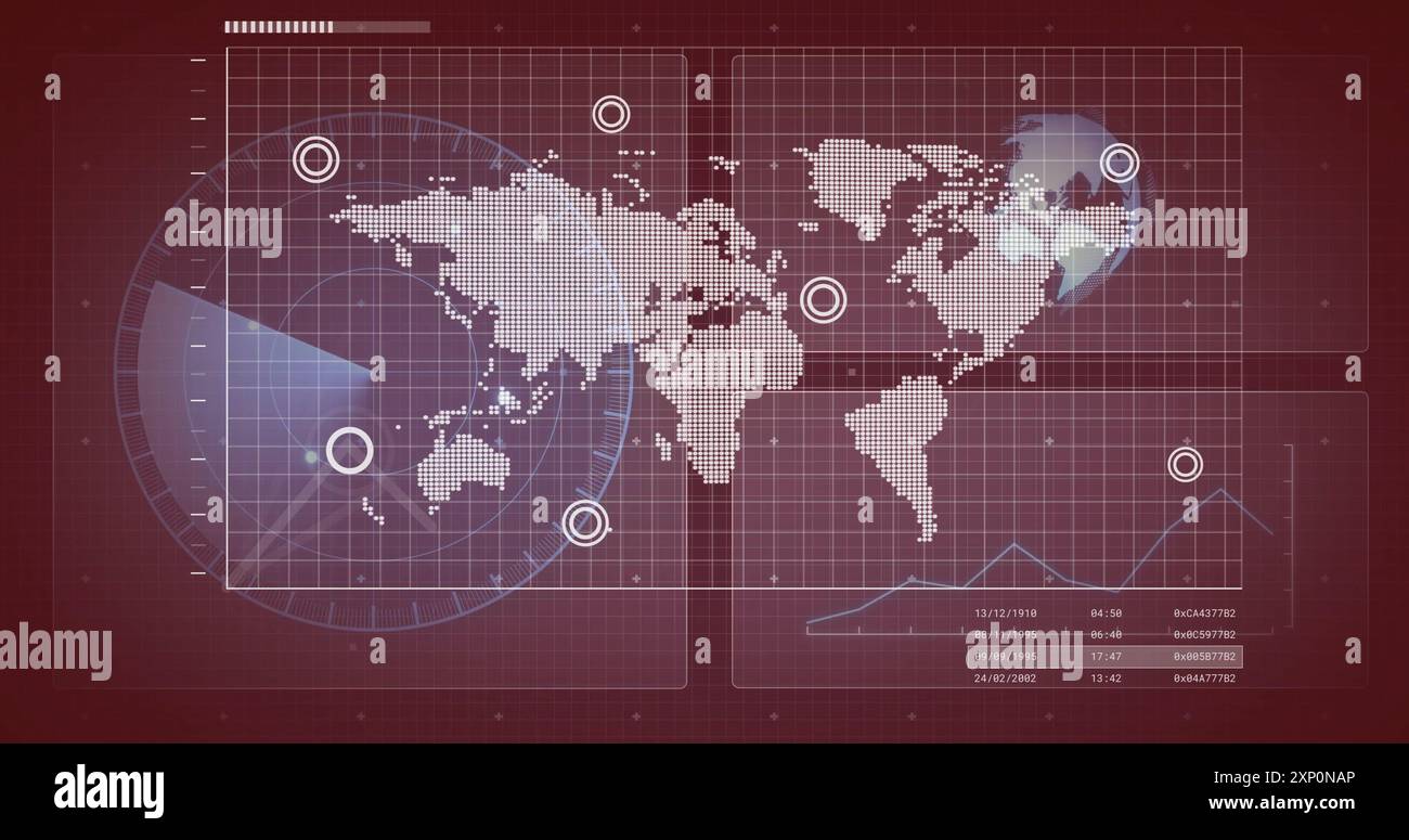Mappa mondiale con punti dati e grafici, immagine di analisi finanziaria globale Foto Stock