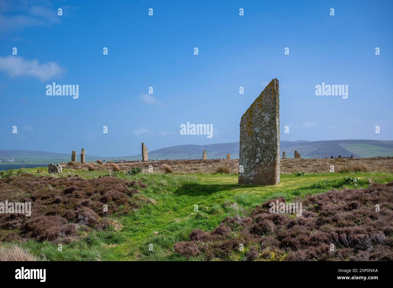 Ring von Brodgar, Isole Orcadi, cerchio di pietre, grande pietra di fronte, Scozia, Regno Unito Foto Stock