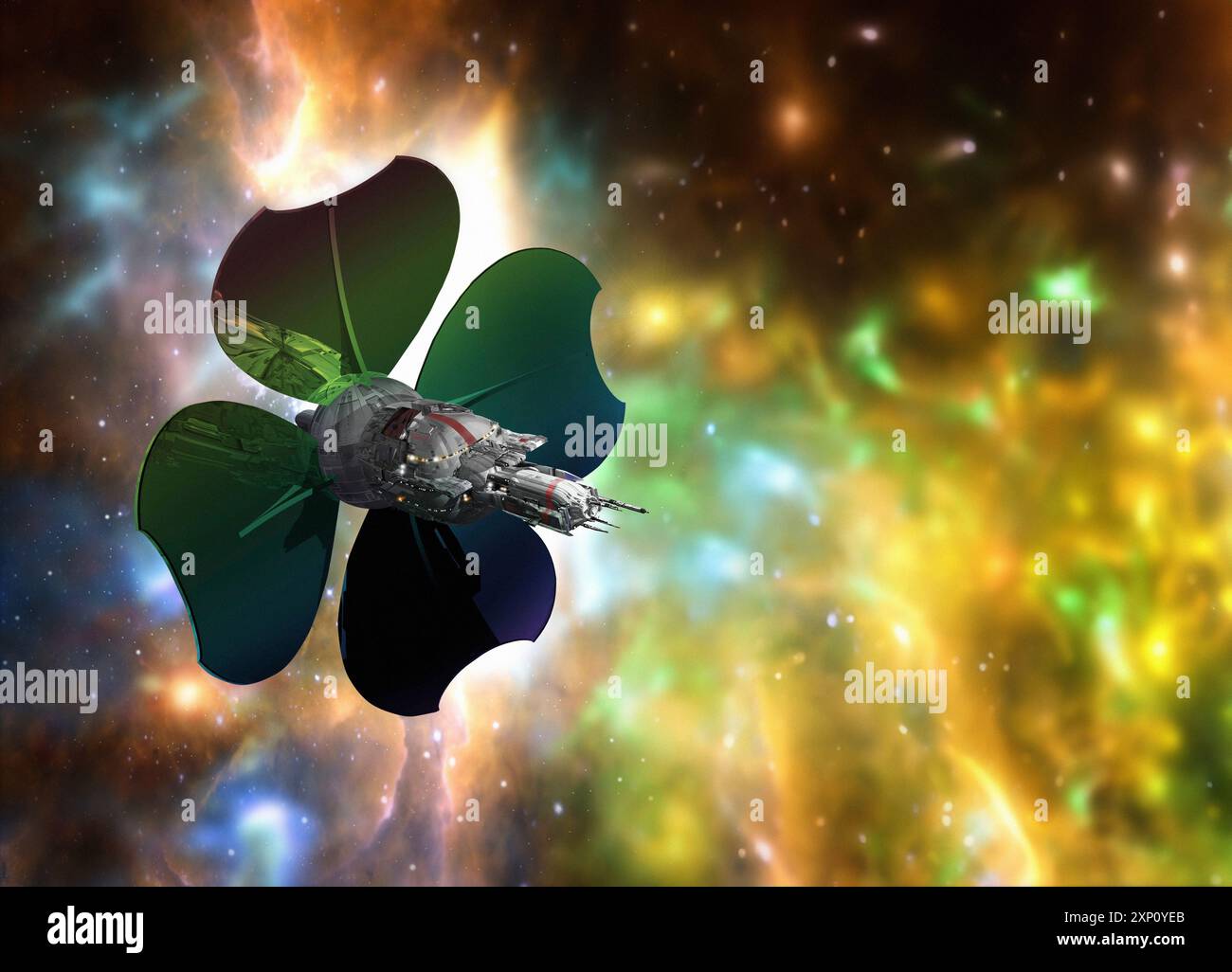 Astronave con vele solari, illustrazione. Le vele solari sono un metodo di propulsione di veicoli spaziali che utilizza la luce solare. Foto Stock