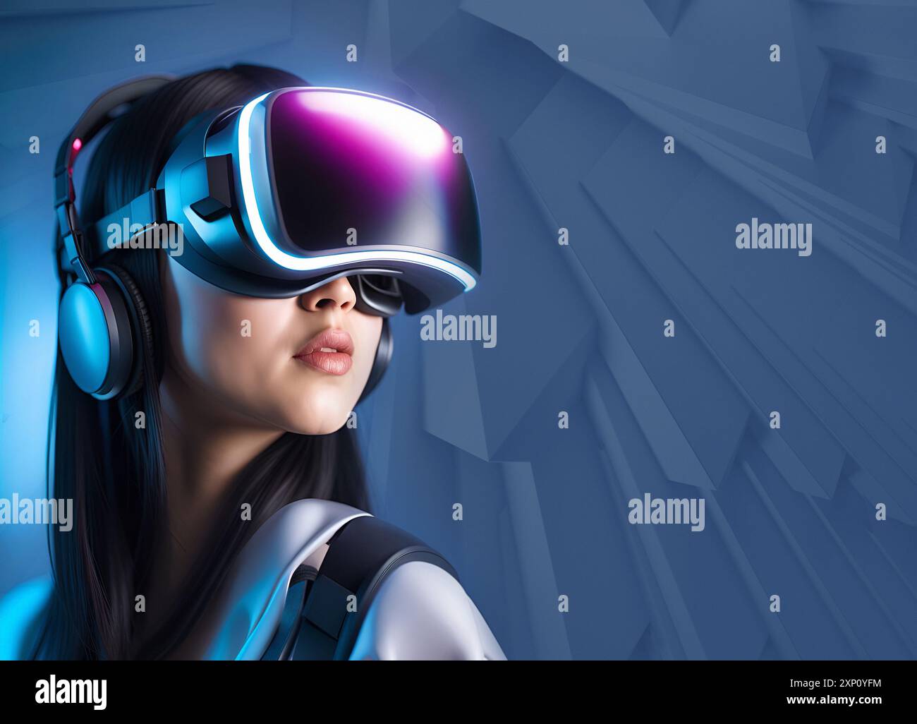 Donna che indossa un visore per la realtà virtuale (VR), illustrazione. Foto Stock