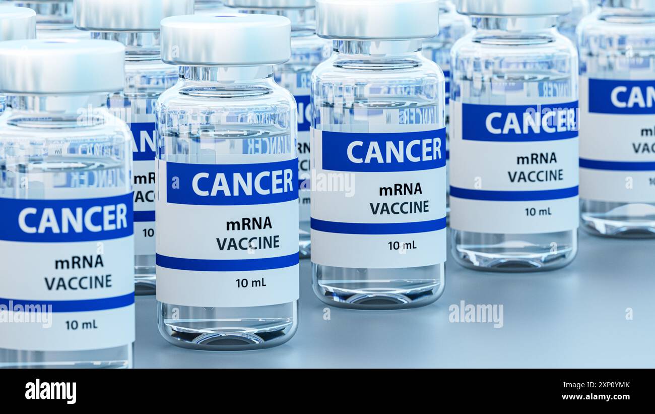 Illustrazione concettuale di un vaccino contro il cancro mRNA (acido ribonucleico messaggero), che illustra come la tecnologia mRNA potrebbe essere applicata in immunoterapia per combattere il cancro. Foto Stock