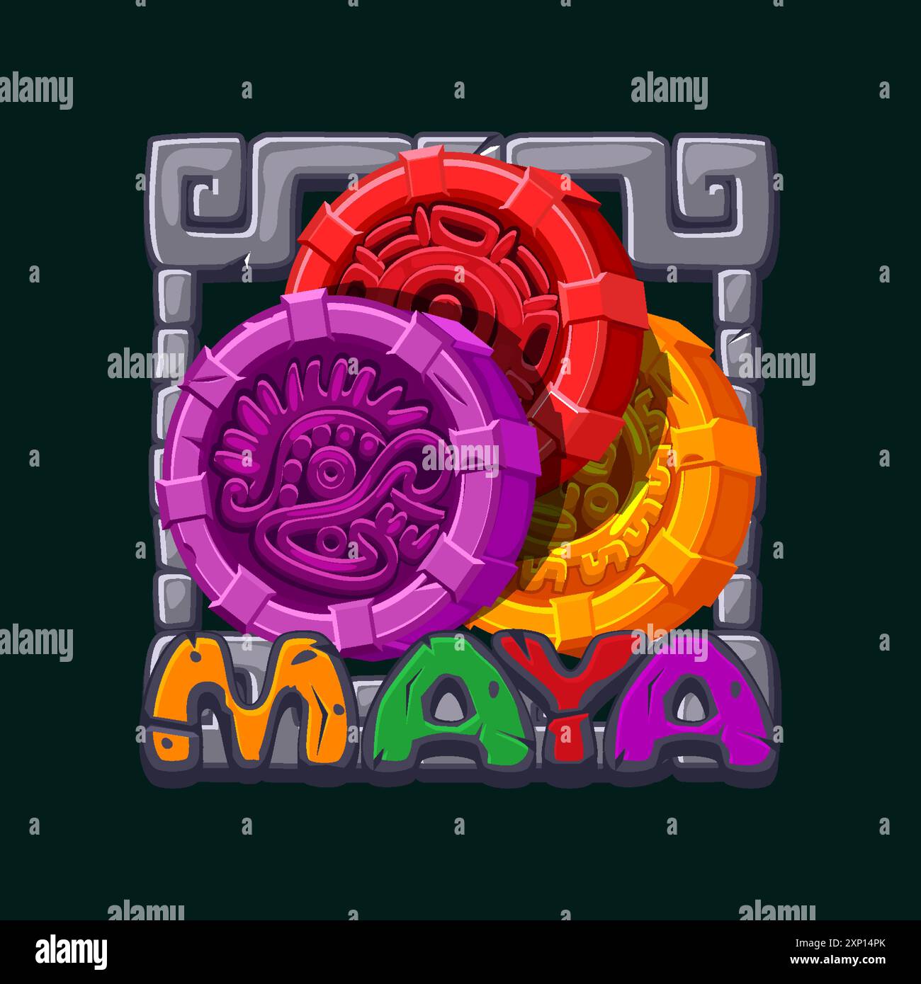 Icona DELL'APP Maya per il gioco 2D. Simbolo asola. Amuleti aztechi colorati in una cornice di pietra per il tuo gioco 2D. Illustrazione Vettoriale