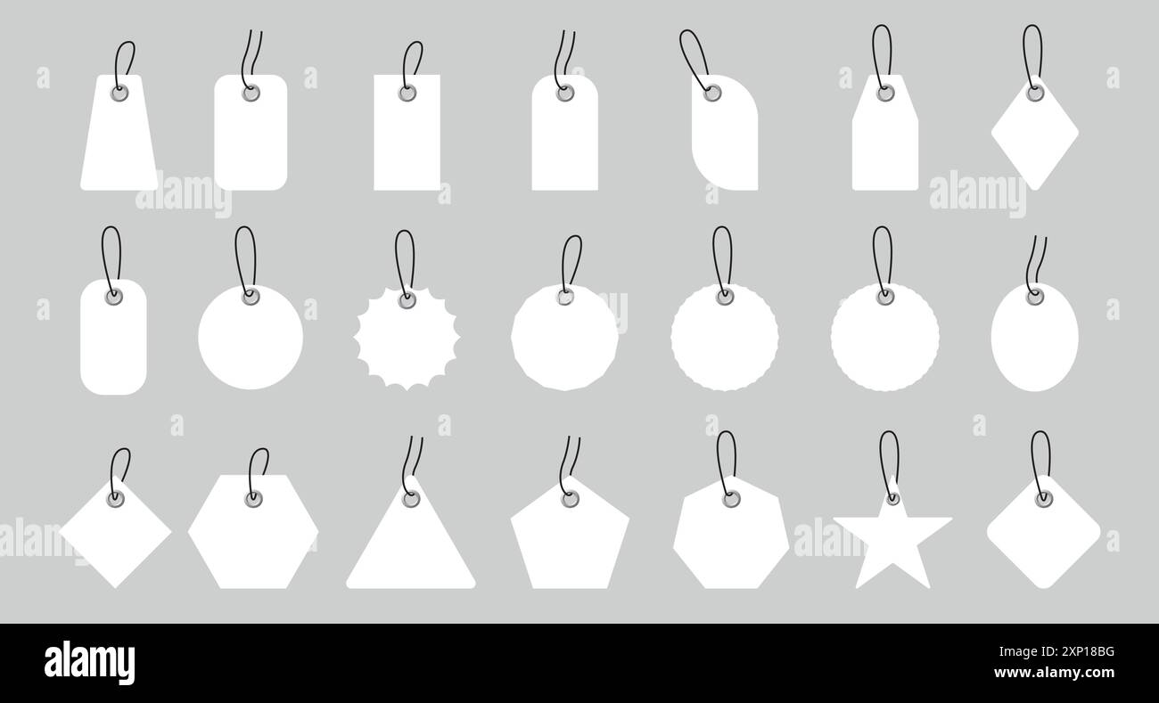 Set di etichette per la spesa con corda. Etichette dei prezzi o etichette regalo realistiche su carta bianca. Set di etichette per la spesa con corda. Vettore Illustrazione Vettoriale