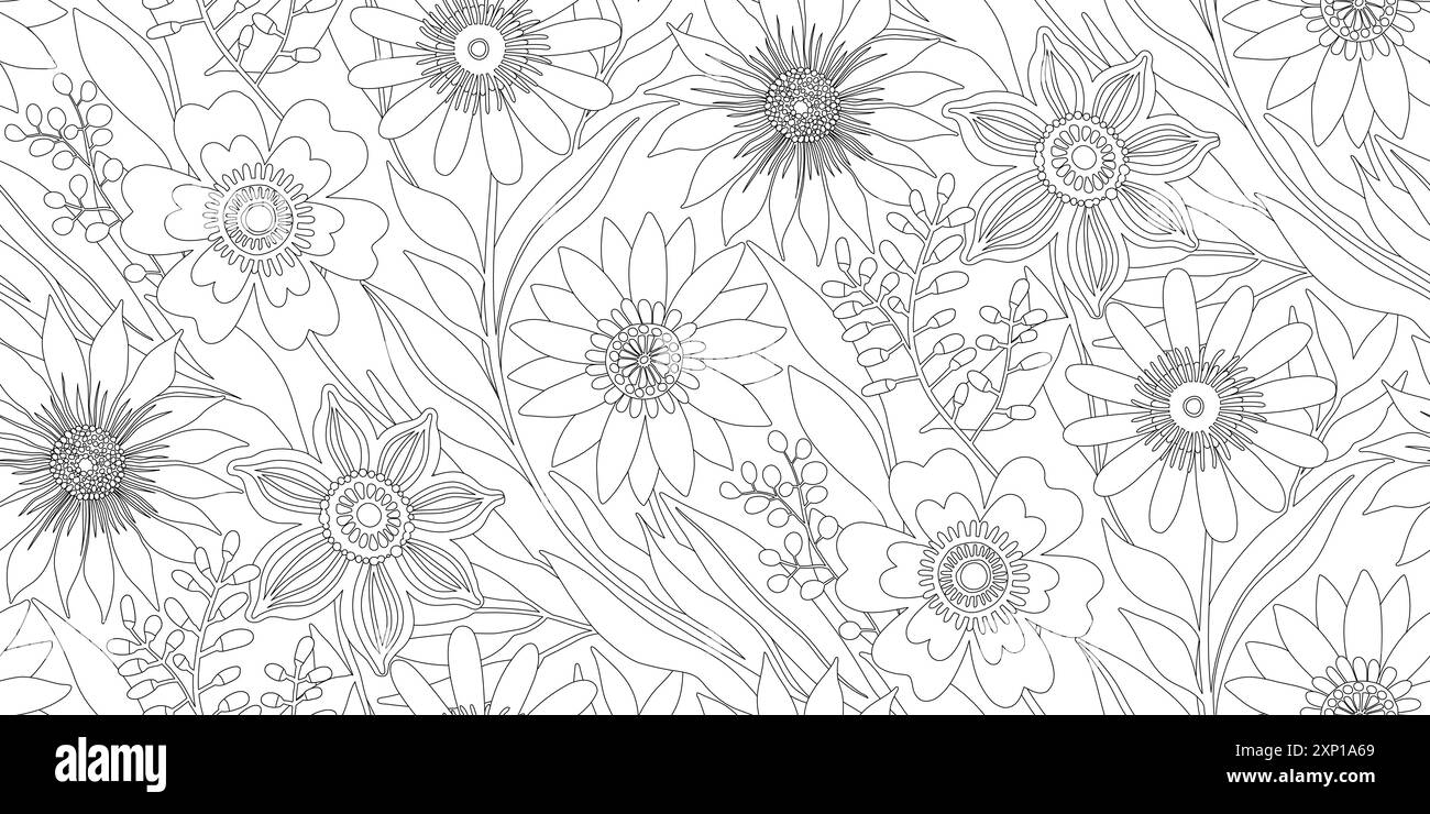 Motivo floreale senza cuciture a mezza goccia di fantasia Flower Field - disegno con linea sottile nera su sfondo bianco. Design di carta da parati per tessuti, carte, stampe, moda, involucri, pagine da colorare. Illustrazione Vettoriale