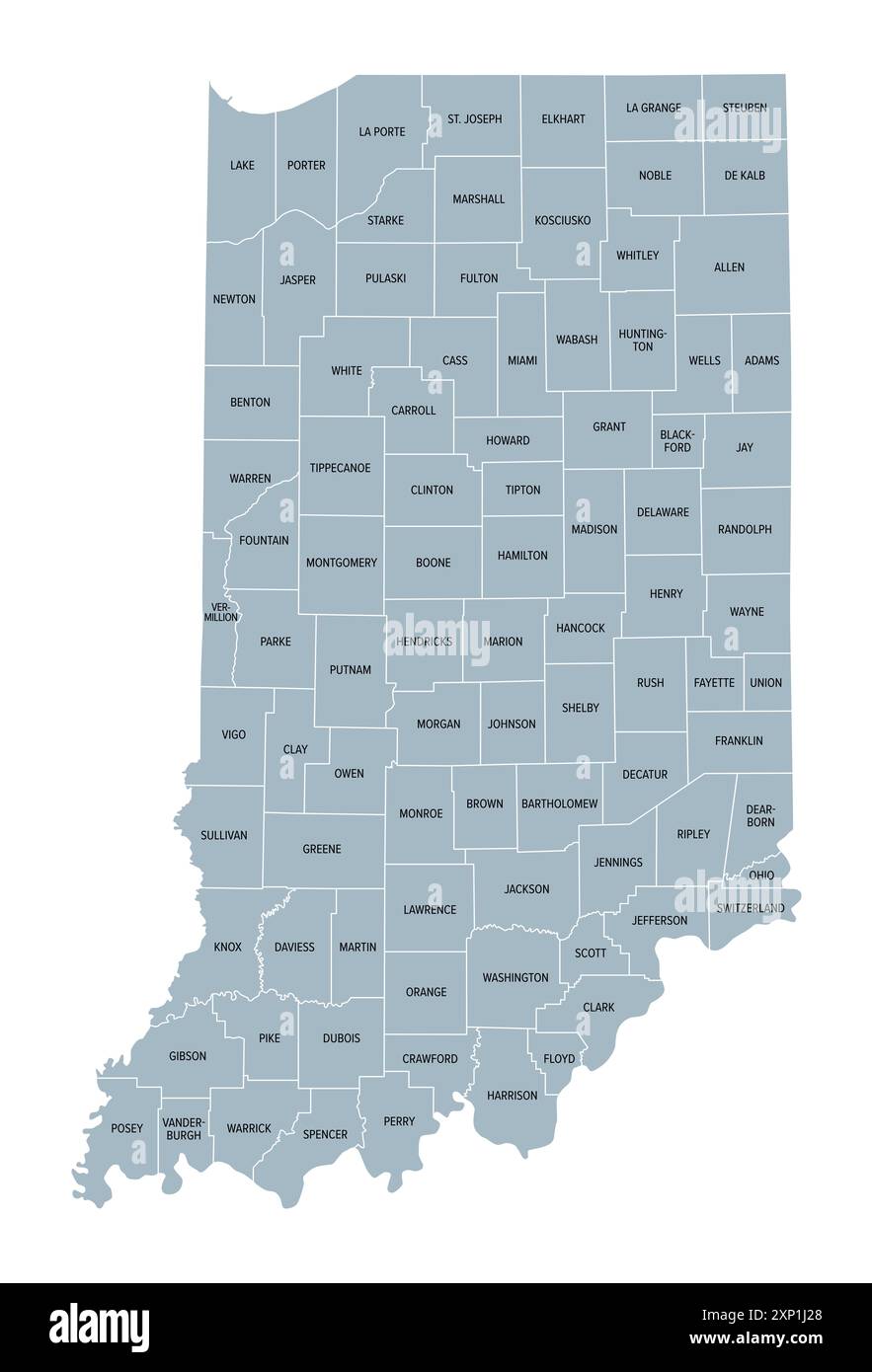 Contee dell'Indiana, mappa politica grigia. Stato nella regione Midwest degli Stati Uniti, suddiviso in 92 contee. Soprannominato lo Stato di Hoosier. Foto Stock