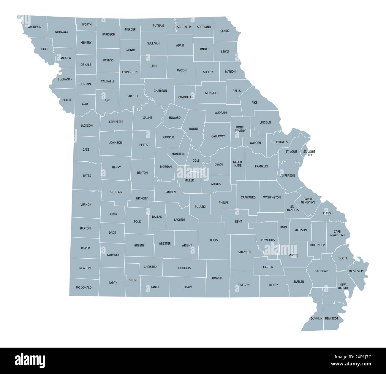 Missouri, suddiviso in 114 contee e la città indipendente St. Louis, mappa politica grigia. Stato nella regione Midwest degli Stati Uniti. Foto Stock