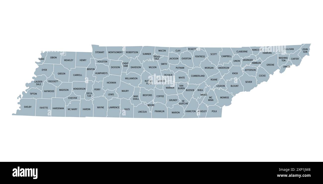 Tennessee, suddiviso in 95 contee, mappa politica grigia con confini e nomi di contea. Stato senza sbocco sul mare nella regione sud-orientale degli Stati Uniti. Foto Stock