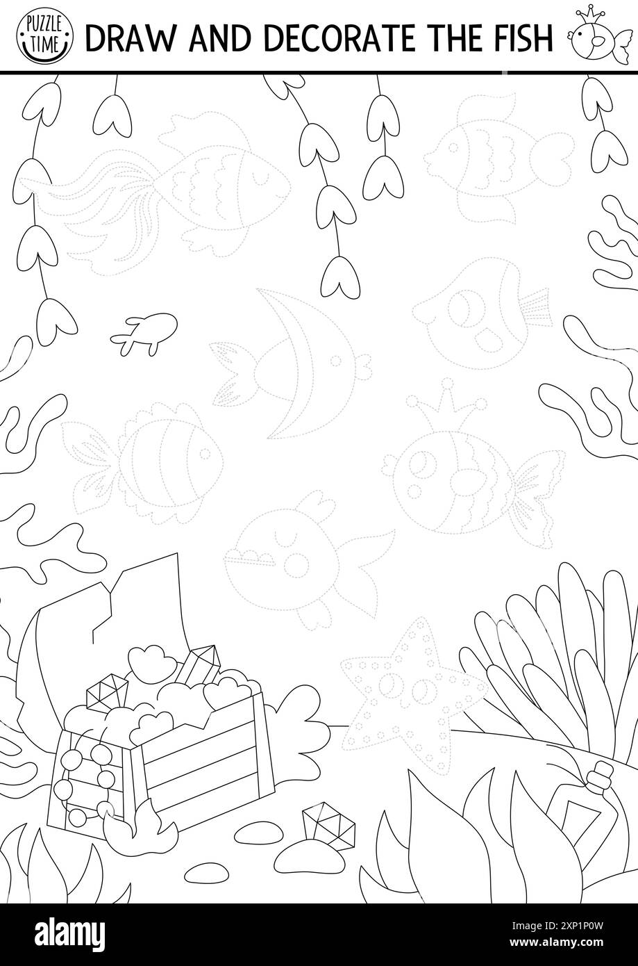 Sirena in bianco e nero disegno, scrittura, tracciatura attività stampabile per bambini con animali di mare, sfondo subacqueo. Disegna, decora i pesci. Camera con letto king size Illustrazione Vettoriale