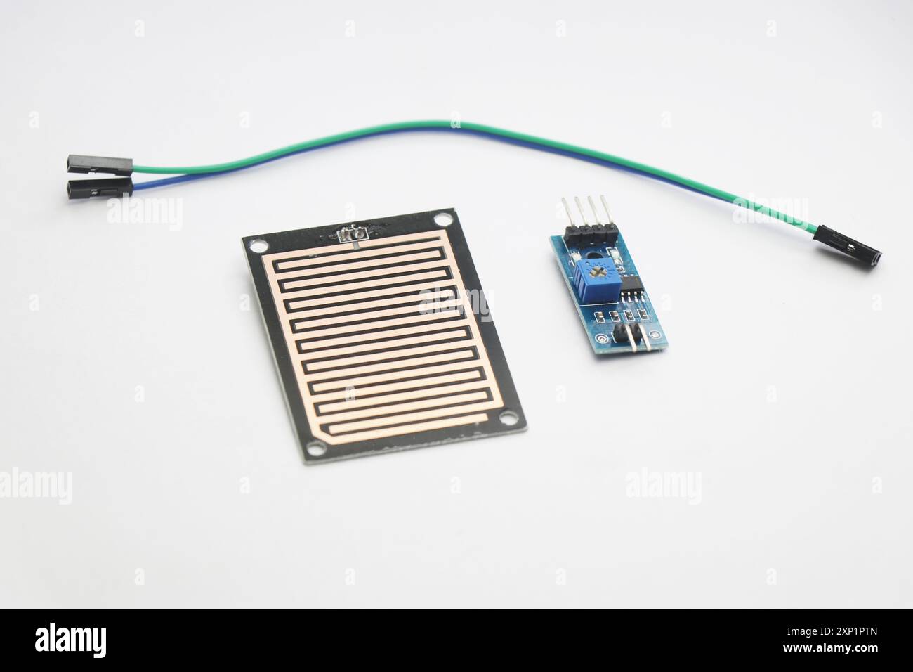 Modulo sensore di rilevamento gocce di pioggia, uno strumento per il rilevamento della pioggia utilizzato in progetti elettronici su sfondo bianco Foto Stock