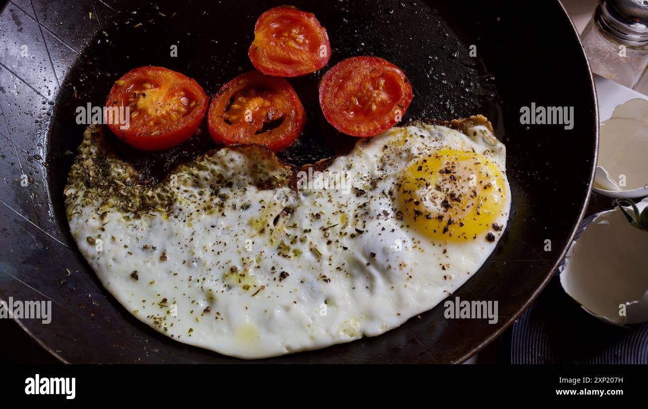 Uova fritte in una padella. Tomatos. Concetto di pasto leggero. Foto Stock