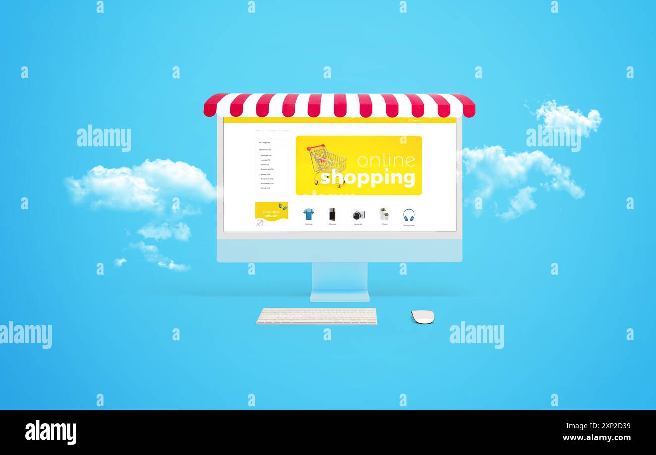 Composizione per lo shopping online con un display per computer circondato da nuvole e una tenda rossa, che mostra una pagina Web di e-commerce Foto Stock