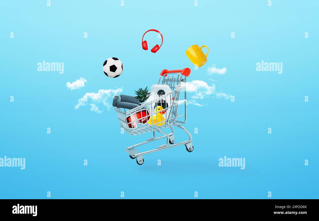 Carrello con prodotti che fluttuano tra le nuvole. Concetto di shopping online e di esperienza retail basata su cloud Foto Stock