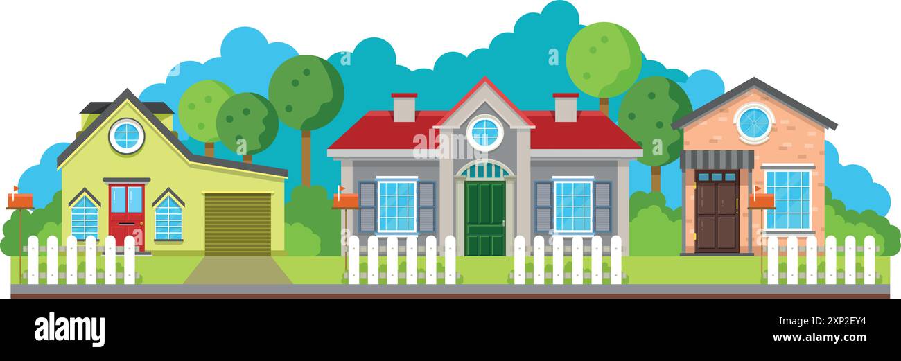 Esterno della strada dell'edificio suburbano. Panorama a colori della città Illustrazione Vettoriale
