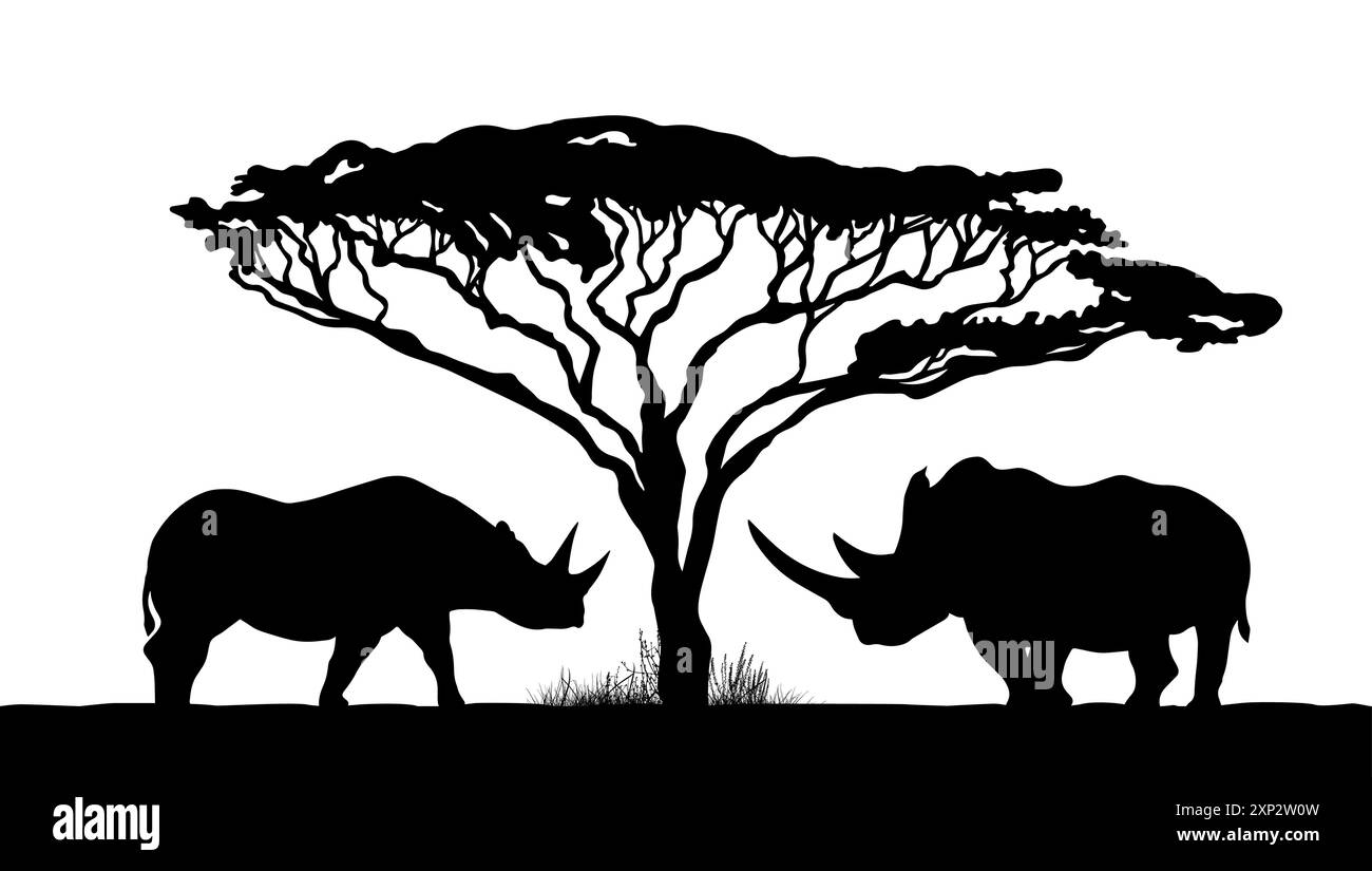 Rinoceronte e albero africano. disegnato a mano. Non ai, illustrazione vettoriale Illustrazione Vettoriale