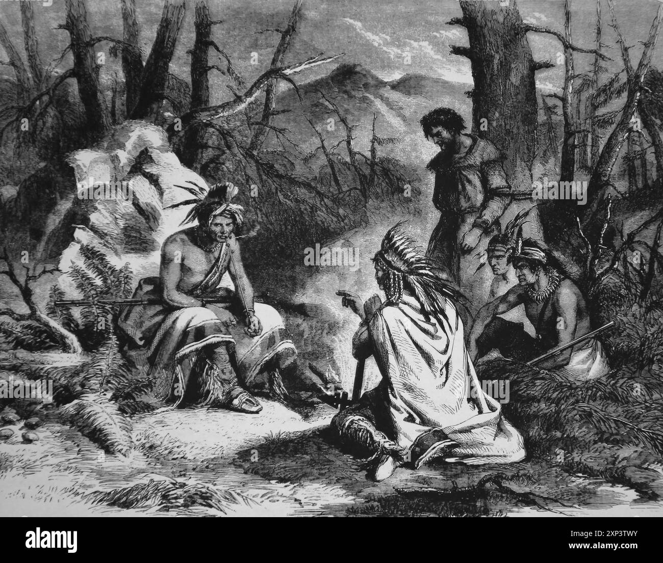 Le Indias statunitensi decidono il destino di un prigioniero. Disegno di Felix. O. C. Darley. xix secolo. Incisione. Foto Stock
