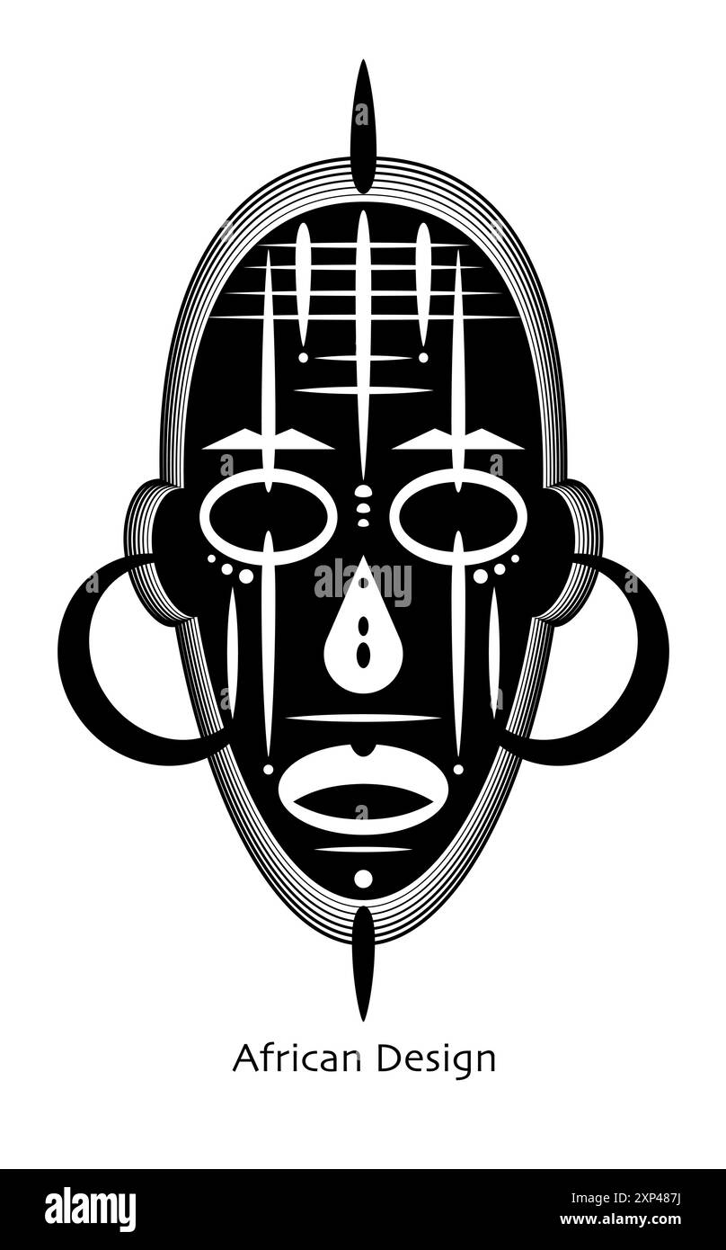 Maschera africana rituale tribale etnico illustrazione vettoriale piatta maschere rituali primitivi di selvaggi. Incisione vintage con design artistico. Aztechi afro Maya indiani Illustrazione Vettoriale