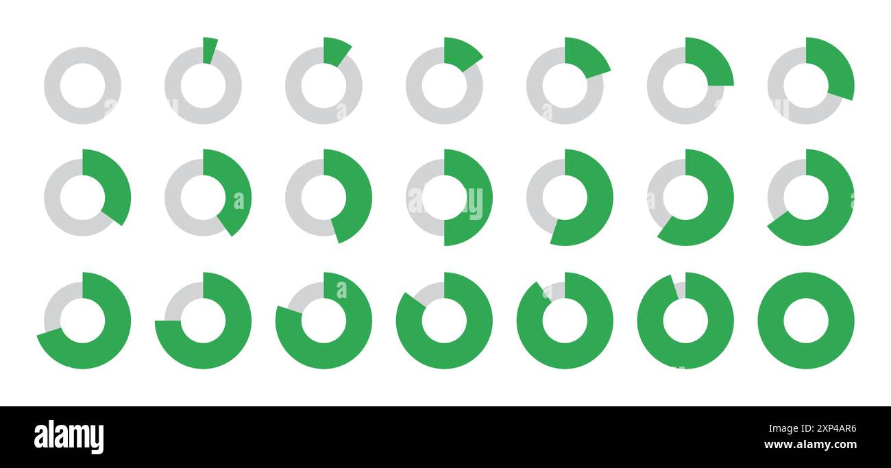 Da 0 a 100 cerchi divisi infografici impostati in verde e grigio in cerchi sottili e spessi nuovo stile con 5, 10, 15, 20, 50, 70, 90, 100 percento. Illustrazione Vettoriale