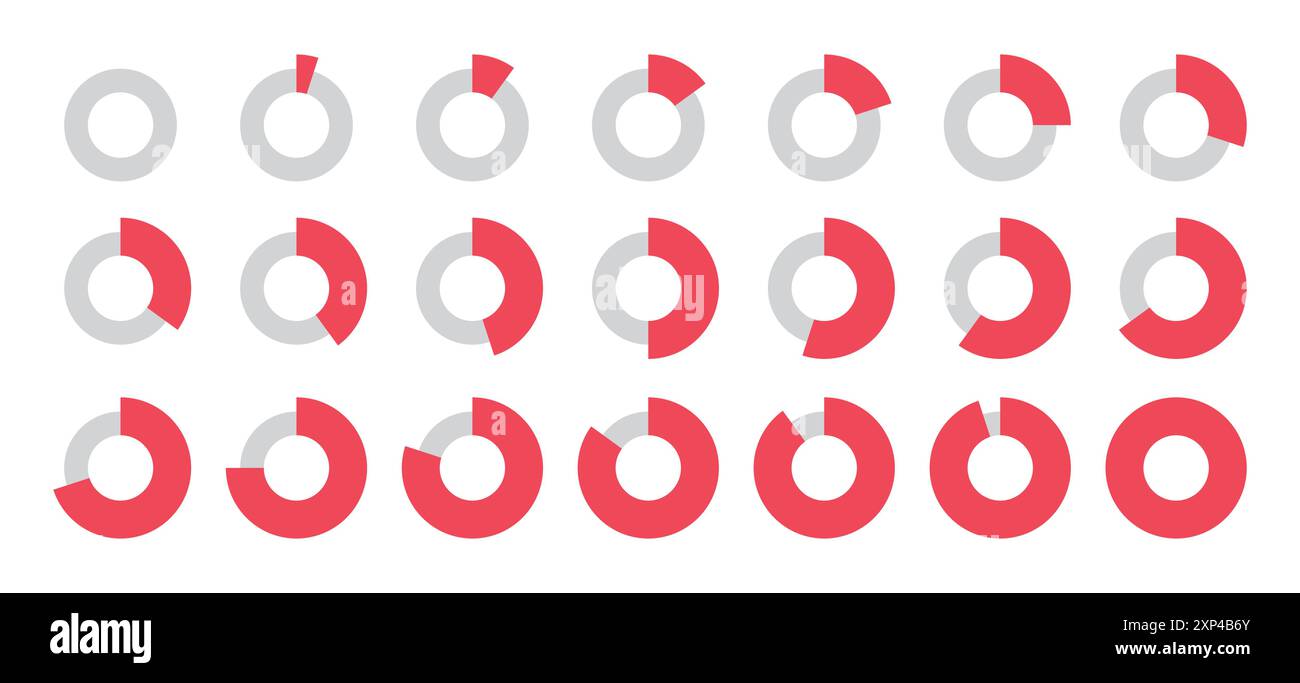 Da 0 a 100 cerchi divisi infografici impostati in rosso e grigio in cerchi sottili e spessi nuovo stile con 5, 10, 15, 20, 50, 70, 90, 100 percento. Illustrazione Vettoriale