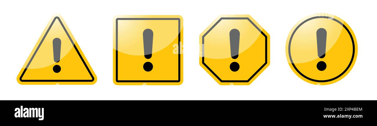 Simbolo di pericolo di colore giallo con simbolo esclamativo in stile lucido lucido lucido in diverse forme. Simboli di attenzione impostati con punto esclamativo. Illustrazione Vettoriale