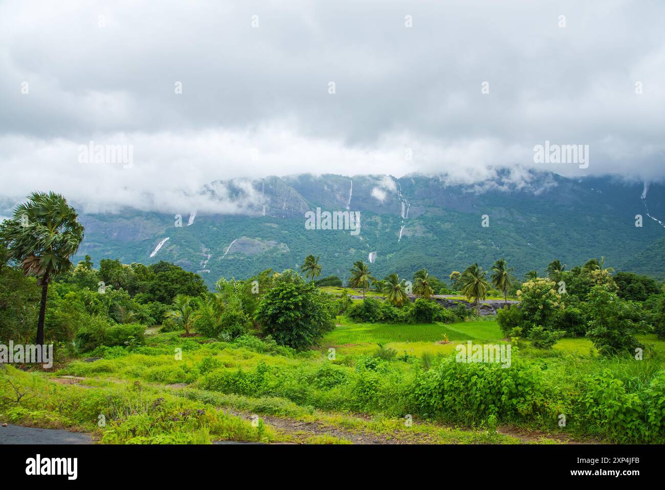 Affascinante strada del Villaggio di Kollengode con le montagne Nelliyampathy e le cascate di Seetharkundu - Turismo del Kerala Foto Stock