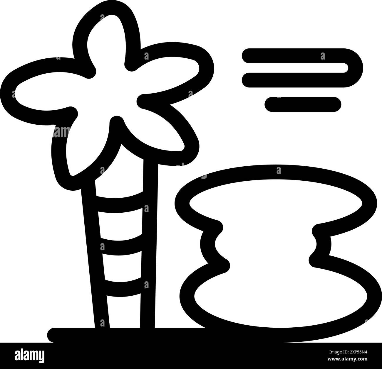 Icona artistica di linea di un paesaggio tropicale con una palma che cresce vicino a una sorgente Illustrazione Vettoriale